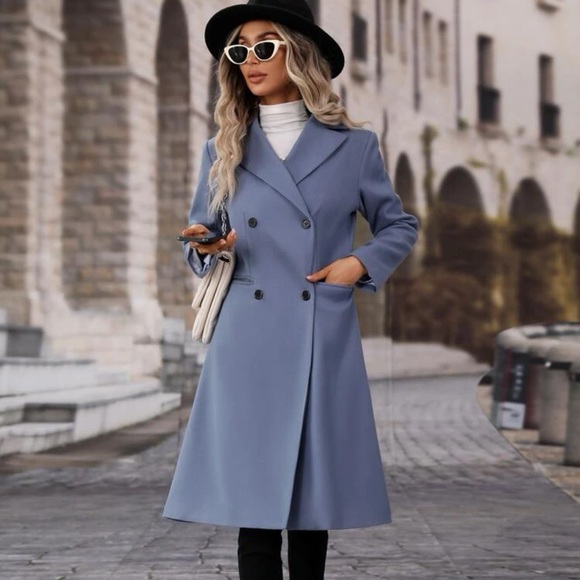 Lapel collar Double Breasted Overcoat long pea coat light gray long line - Picture 8 of 10